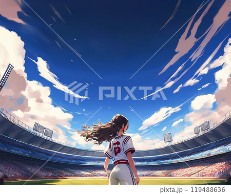 球場に立つ女性野球選手のイメージ素材 119488636