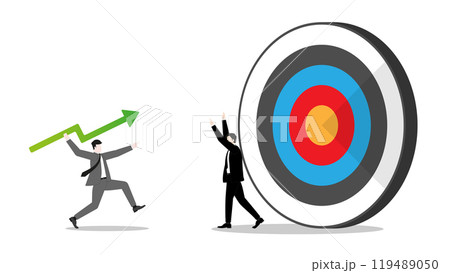 Businessman throws a green arrow javelin at a target, defended by competitor, the rivalry efforts to challenges of leadership in business goals. Market competition and success in the corporate world Businessman throws a green arrow javelin at a target, defended by competitor, the rivalry efforts to challenges of leadership in business goals. Market competition and success in the corporate world 119489050