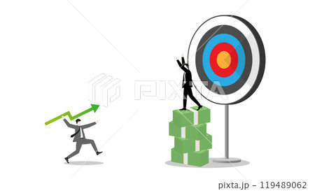Businessman throws a green arrow javelin at a target, defended by a richer competitor on banknotes stack, the rival challenge of leader in business goal. Market competition success in the corporate Businessman throws a green arrow javelin at a target, defended by a richer competitor on banknotes stack, the rival challenge of leader in business goal. Market competition success in the corporate 119489062