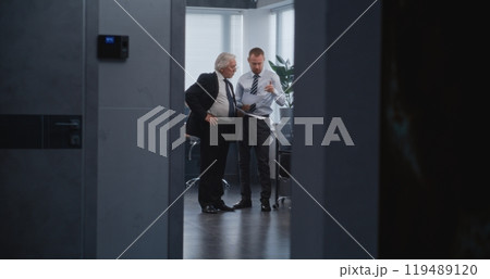 Team leader discussing business strategy of company with boss 119489120