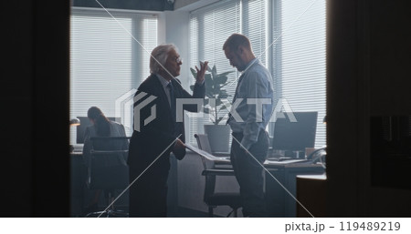 Senior team leader with papers loses temper and yells at male company employee 119489219
