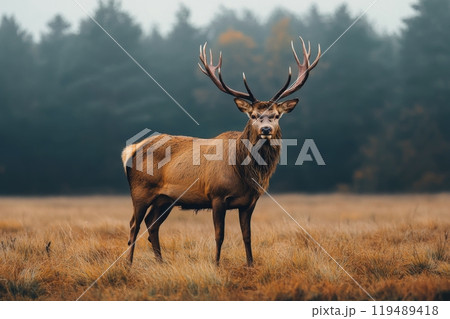 Majestic stag standing in a misty meadow surrounded by tall grass and trees at dawn 119489418