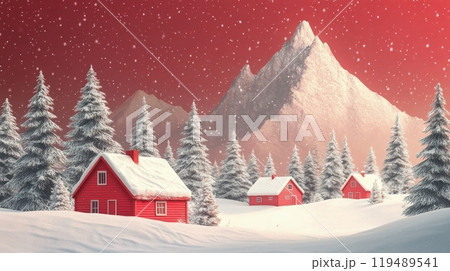 Winter landscape featuring red cabins amidst snow covered mountains and trees at sunset 119489541