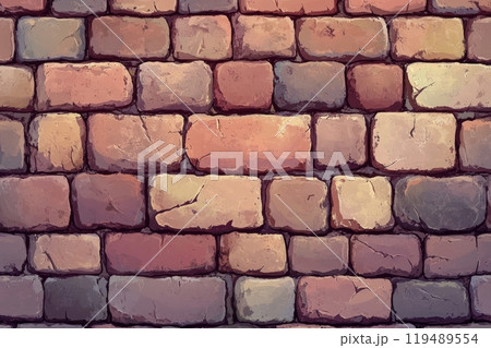 Colorful textured brick wall pattern with varying shades of red and brown in a rustic design 119489554
