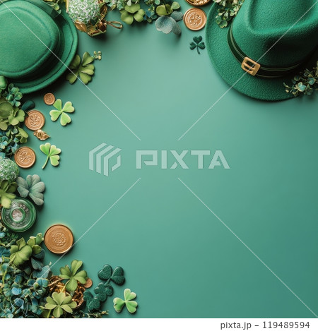 Festive arrangement of green clovers, coins, and a hat for St Patricks Day celebration decor 119489594