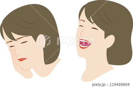 歯が痛く頬を抑える女性と健康な歯の笑顔の女性のイラスト 119489604