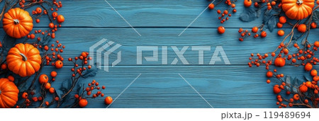 Vibrant orange pumpkins and autumn leaves arranged on a bright blue wooden table in fall 119489694