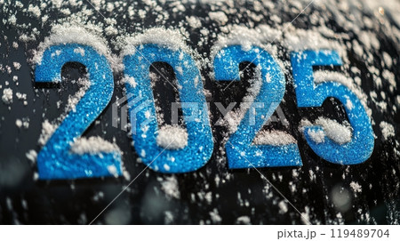 Snow covered numbers 2025 on a black surface during winter with falling snowflakes in the background 119489704
