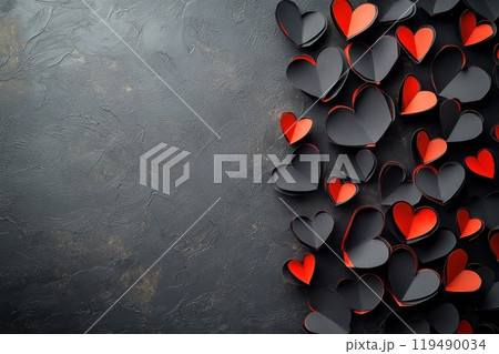 Colorful paper hearts scattered on a dark textured background creating a romantic atmosphere Colorful paper hearts scattered on a dark textured background creating a romantic atmosphere 119490034