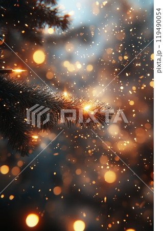 Winter evening glow with sparkling lights on pine branches and soft falling snow 119490054