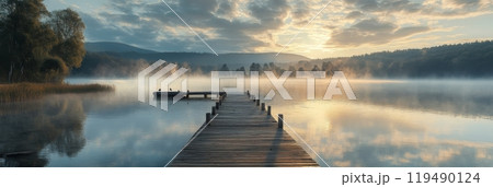Serene morning at a foggy lake with a wooden dock reflecting tranquil colors of dawn Serene morning at a foggy lake with a wooden dock reflecting tranquil colors of dawn 119490124