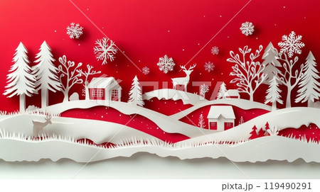 Winter landscape of paper cut art featuring reindeer and snowflakes in a red background setting 119490291