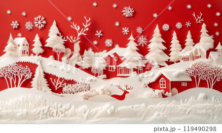 Winter landscape with paper houses and deer on a red background for the holidays Winter landscape with paper houses and deer on a red background for the holidays 119490298
