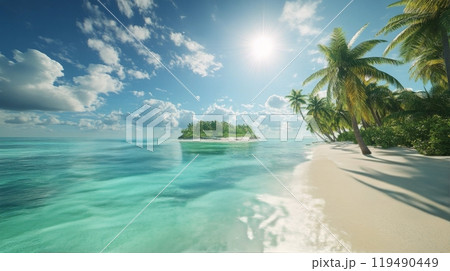 Serene tropical beach with clear turquoise water and swaying palm trees under bright sunlight 119490449