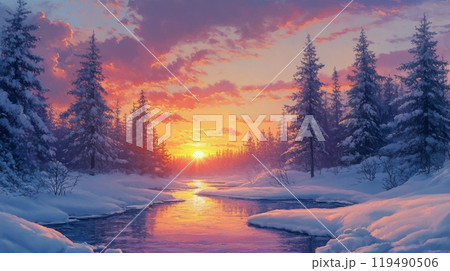 A serene winter sunset over a snowy river surrounded by tall evergreen trees in a peaceful landscape 119490506