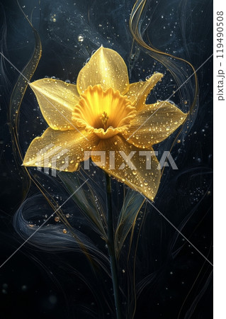 Dew kissed yellow daffodil blooming against a dark backdrop in a serene setting 119490508