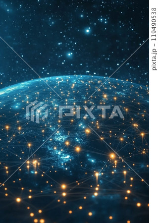 A detailed view of a connected world illuminated by stars and networks in a digital universe 119490538