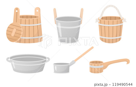 Set of wooden and metal buskets, basins, ladle flat style illustration. Sauna, bathhouse, farm, kitchen objects, design elements isolated on white. Vector illustration Set of wooden and metal buskets, basins, ladle flat style illustration. Sauna, bathhouse, farm, kitchen objects, design elements isolated on white. Vector illustration 119490544