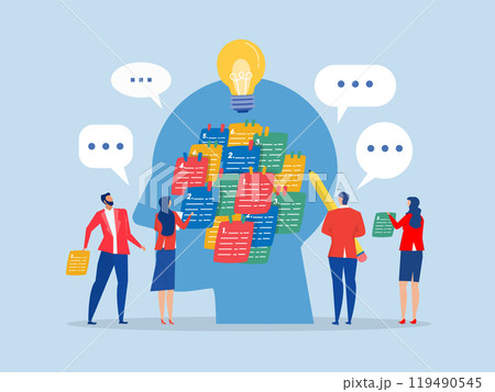 Share Idea Meeting or Brainstorm New Idea, Training Course Class, Q and A, Question and Answer Chat, Business People in Workshop Meeting Room and Sticky Notes 119490545