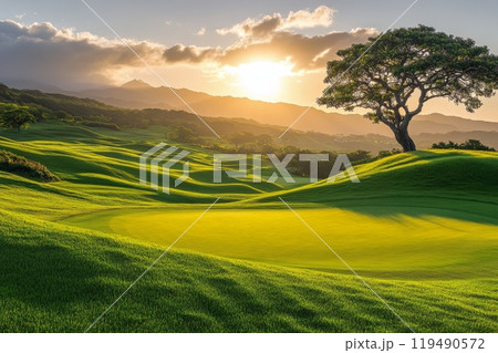 Sunset over a lush golf course with rolling hills and a solitary tree on the horizon 119490572