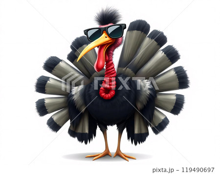 A whimsical cartoon caricature of a turkey wearing sunglasses, striking a playful pose in a fun, colorful setting during festive celebrations A whimsical cartoon caricature of a turkey wearing sunglasses, striking a playful pose in a fun, colorful setting during festive celebrations 119490697