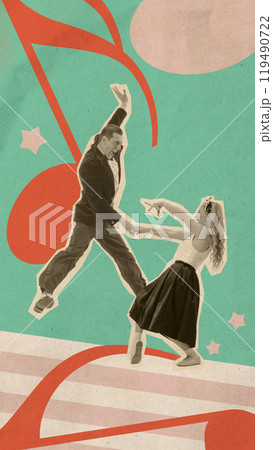 Energetic retro dance move. Artistic man and woman passionately dancing. Contemporary art collage. Energetic retro dance move. Artistic man and woman passionately dancing. Contemporary art collage. 119490722