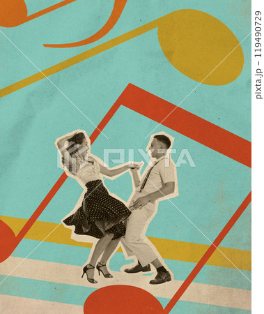 Dynamic retro dance scene, couple in vintage attire dancing with energy and fun. Contemporary art collage. Dynamic retro dance scene, couple in vintage attire dancing with energy and fun. Contemporary art collage. 119490729
