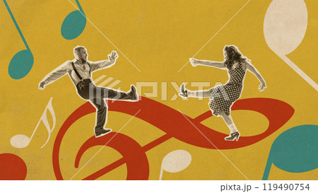 Couple engaged in playful dance routine, showcasing vintage-inspired moves. Contemporary art collage. 119490754