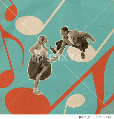 Dynamic image of couple dancing. Energetic jump in retro dance scene. Contemporary art collage. 119490758