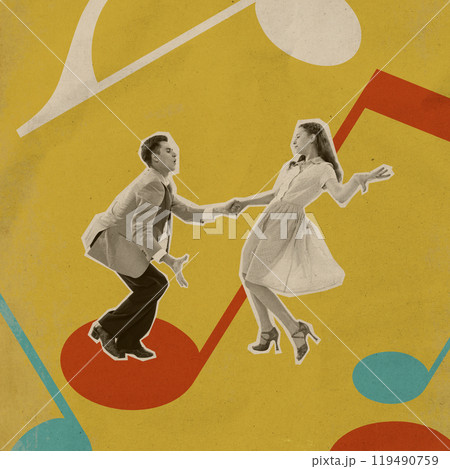 Mid-century dance moves in retro colors. Stylish and beautiful couple passionately dancing. Contemporary art collage. Mid-century dance moves in retro colors. Stylish and beautiful couple passionately dancing. Contemporary art collage. 119490759