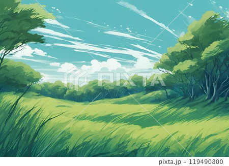 風になびく草原と、背面に見える青や緑の豊かな森のイラストのイラスト