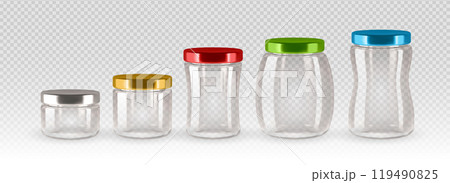 Five transparent glass jars with colorful lids in varying sizes arranged in a row on a transparent background. Canning and storage vector illustration. 119490825