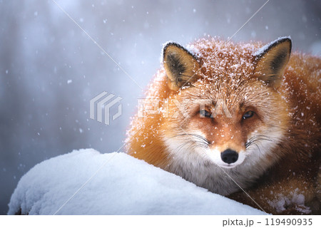 冬の北海道北見市のきたきつね牧場のキツネ 119490935