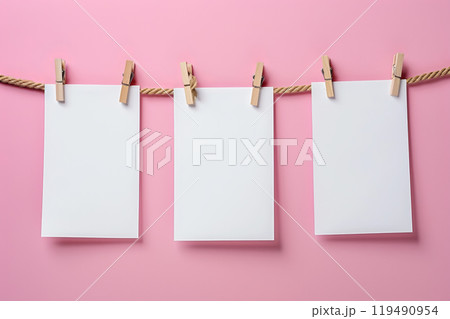 Empty paper sheet for notes, on a rope with clothespins, on a pink background 119490954