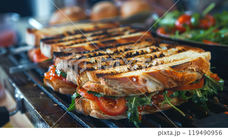 Delicious grilled cheese sandwich with bacon. 119490956