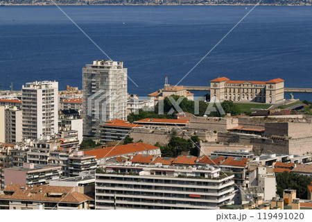 Marseille, France - June 7, 2024: Aerial View of Fortress Tower Historic Landmark Marina Port at 119491020