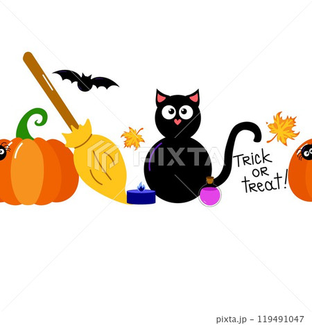 Cute hand drawn Halloween seamless vector pattern border with pumpkin, black cat, candle, great for textiles, surfaces, banners, wallpapers 119491047