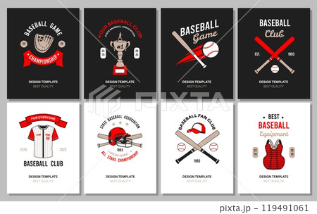 Baseball game cards. Fan club posters with emblems, sports uniforms and accessories, award cup, professional equipment glove, helmet, bats and balls, typography design, banners tidy vector set 119491061