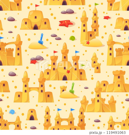 Cartoon sand castles seamless pattern. Repeated cute kids fortresses with towers, summer beach buildings, children games. Decor textile, wrapping, wallpaper design. Vector background Cartoon sand castles seamless pattern. Repeated cute kids fortresses with towers, summer beach buildings, children games. Decor textile, wrapping, wallpaper design. Vector background 119491063