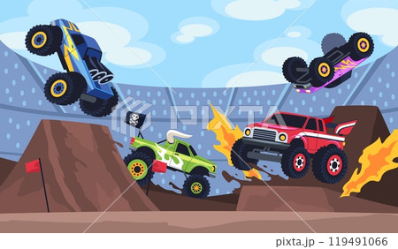 Cartoon monster trucks extreme show. Heavy cars with large wheels at arena, aggressive jumping and overcoming obstacles, entertainment banner, game speed transport, tidy vector concept 119491066