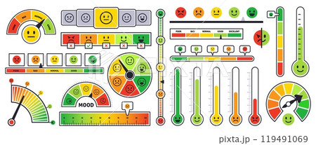 Customer satisfaction meter. Mood scale, indicators, sliders and buttons, emotions rate measuring, feedback app interface, infographics elements for site and presentation tidy vector set 119491069