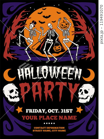 Dancing skeleton halloween party. Holiday invitation, spooky characters, day of dead, full moon and bats, greeting card, poster design, cartoon flat style isolated tidy vector concept Dancing skeleton halloween party. Holiday invitation, spooky characters, day of dead, full moon and bats, greeting card, poster design, cartoon flat style isolated tidy vector concept 119491070
