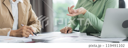 Alternative energy environment businesswoman explains budget of renewable energy project to partner 119491102