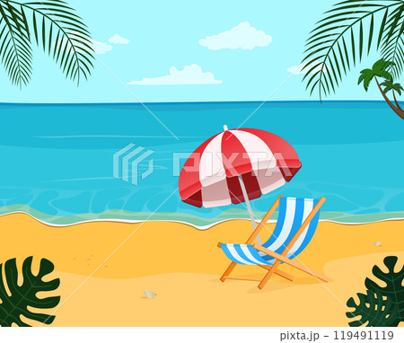 Beach umbrella and deck chair under the palm trees on a tropical beach 119491119