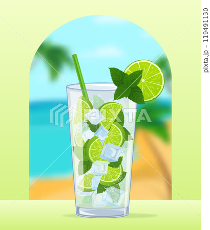 Refreshing mojito cocktail standing on table with tropical beach view 119491130