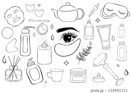 Set of skin care products. Bundle of cosmetics and makeup items in bottles, tubes and jars. Beauty routine. Black skin care silhouette. Set of skin care products. Bundle of cosmetics and makeup items in bottles, tubes and jars. Beauty routine. Black skin care silhouette. 119491151