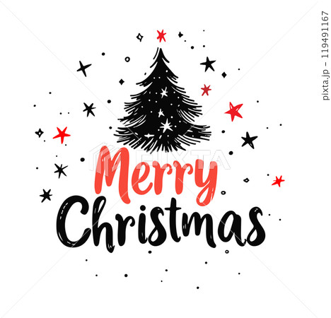 Merry Christmas greeting featuring a stylized tree and stars in a cheerful design with a festive red and black color scheme Merry Christmas greeting featuring a stylized tree and stars in a cheerful design with a festive red and black color scheme 119491167