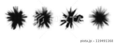 Four distinct black ink splatters vary in size and shape Four distinct black ink splatters vary in size and shape 119491168