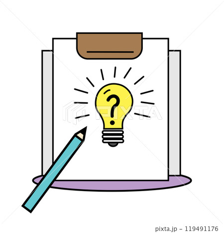 Creative brainstorming session with light bulb idea on clipboard and pencil in a modern digital art style Creative brainstorming session with light bulb idea on clipboard and pencil in a modern digital art style 119491176