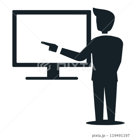A business professional presents ideas using a digital screen during a corporate meeting in a modern office setting 119491197